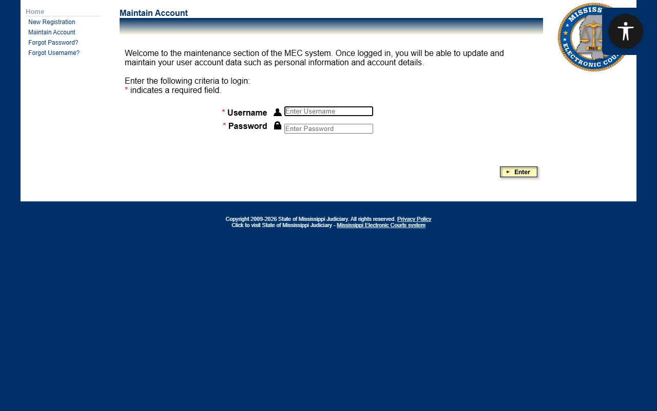 Newton County court records access through the MEC account login screen