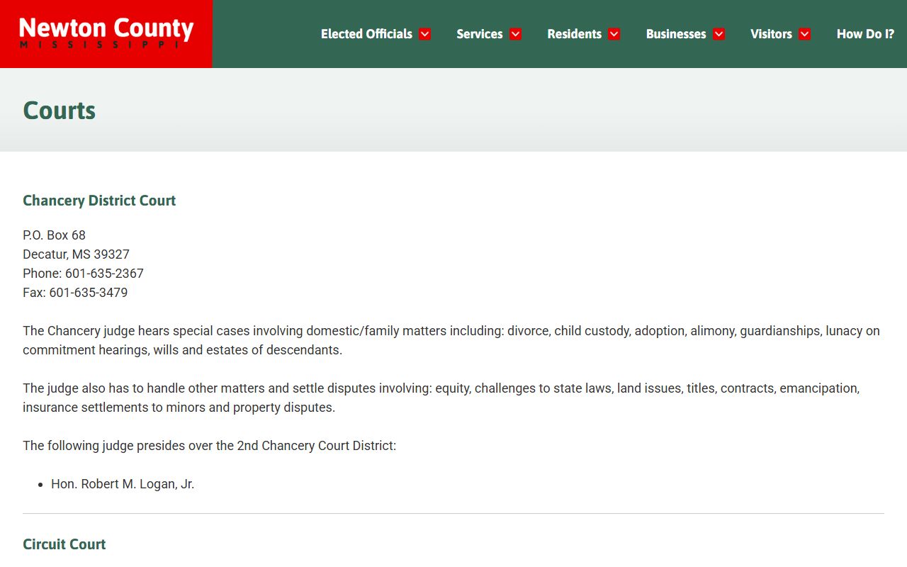 Newton County court records listed across Circuit, Chancery, and Justice Court divisions
